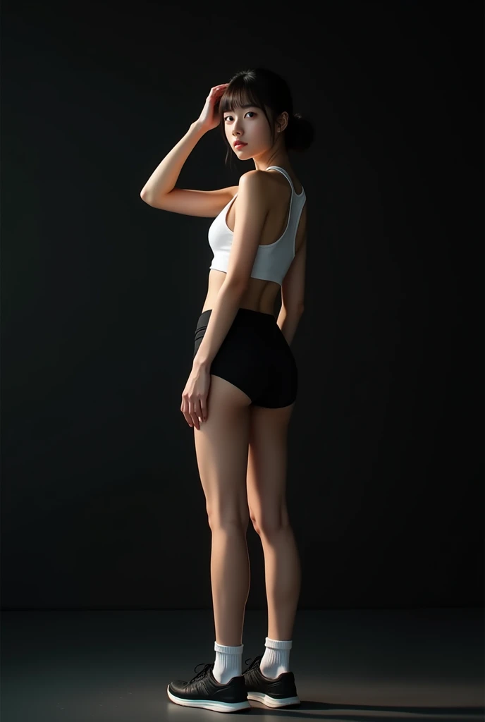 Realistic glowing skin, (発Sweat:1.8),Stand backwards,Look back at your face,Always look at the camera,(発Sweat:1.8),(Beautiful nipples in real life:1.6),,(whole body:1.9),(発Sweatしたリアルな白い肌:1.9),White socks, (black running shoes:1.8),
,Cold look,Cold Stare,Black Hair,short hair,Tie your hair short,Silky translucent white skin,,(Very detailed美しい顔), Great face and eyes, (Highest quality:1.4), (Very detailedな), (Very detailed CG 統合 8k 壁紙), Very detailed, High resolution raw color photos, Professional photography, Realistic portrait,Sweat,,(A Cup:1.9),(Flat Chest:1.9),(Very small breasts:1.9),(Breast augmentation:0.1),(Small breasts beginning to swell:1.9),(Breasts during puberty:1.9),
, (少女のwhole bodyの詳細なRAW写真), Canon EOS R5 250mm, Sharp focus, Cinema Lighting,  (No makeup:1.2), Fine skin, Delicate collarbone,,(Ultra-high resolution:1.6), (Realistic:1.6),,(Japanese junior high school girls:1.9),(whole body:1.8),(Sweatが滴る肌:1.9),(The lower half of the body is black athletic wear:1.9),(Sweatで滲んだ肌:1.9),(Age is :1.9),(Raise one hand above your head:2),(The upper body is white athletics wear:1.9),Height is 155cm,Non-erect, thin nipples,very small nipples,Natural nipples,Real girl nipples,Not disgusting nipples、 
