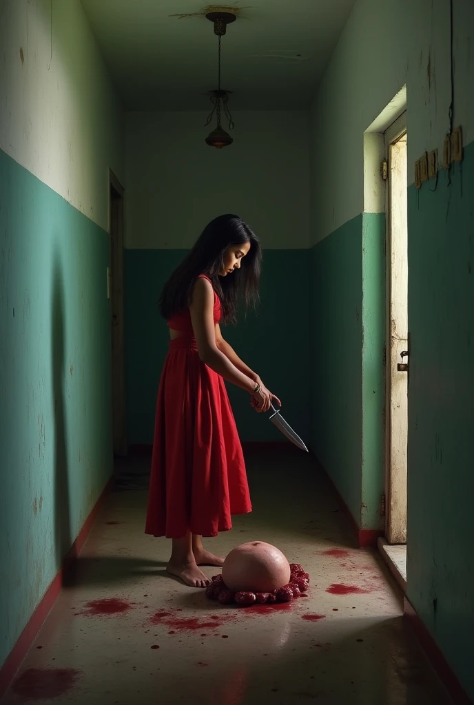 A raped Indian girl , kill  her repiest. In very brutal way by knife , repiest body is falling inn front of girl