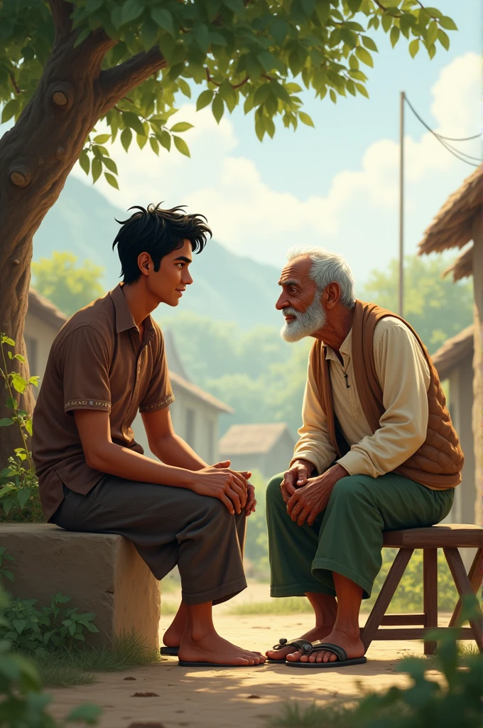 Rohan Listening: A scene of Rohan sitting with an elderly villager, simply listening with a compassionate expression, showing his willingness to be there for others.