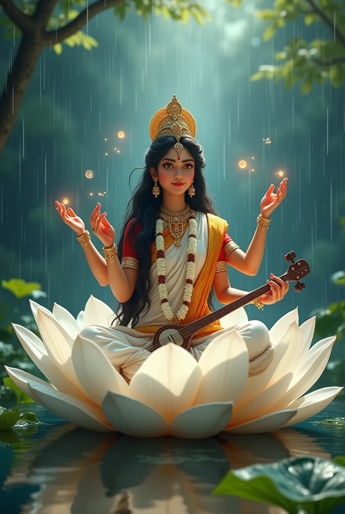 Cool cinematic animated character art, Silhouette of indian godess Saraswati sitting on a giant white lotus in a pond, multiple arms, holding musical instrument-'veena', a manuscript, and prayer beads , wearing indian golden crown, saree, white flower garlands, luscious hair flowing in air, calm expression, glowing fireflies, rain, cinematic lighting, darkness in atmosphere, storm, tree leaves floating, colour graded, vibrant, 4khd