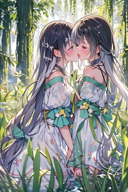 (8k, Highest quality, masterpiece:1.2),cute,cute女の子たち,Couple girls,2 people,舌を出してkissをする,mesugaki,Fantasy_world,kiss,A plateau lush with silver grass,White liquid splashed on face