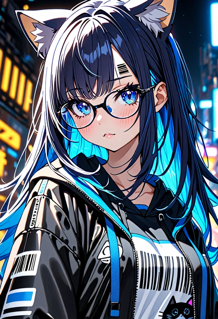 8K Ultra High-Quality, ultra-detailed, High quality, 2, Dark Blue hair, Neon Blue Inner layer hair, Long hair, Cat ears, jacket, glasses, barcode tattoo on the forehead, close up