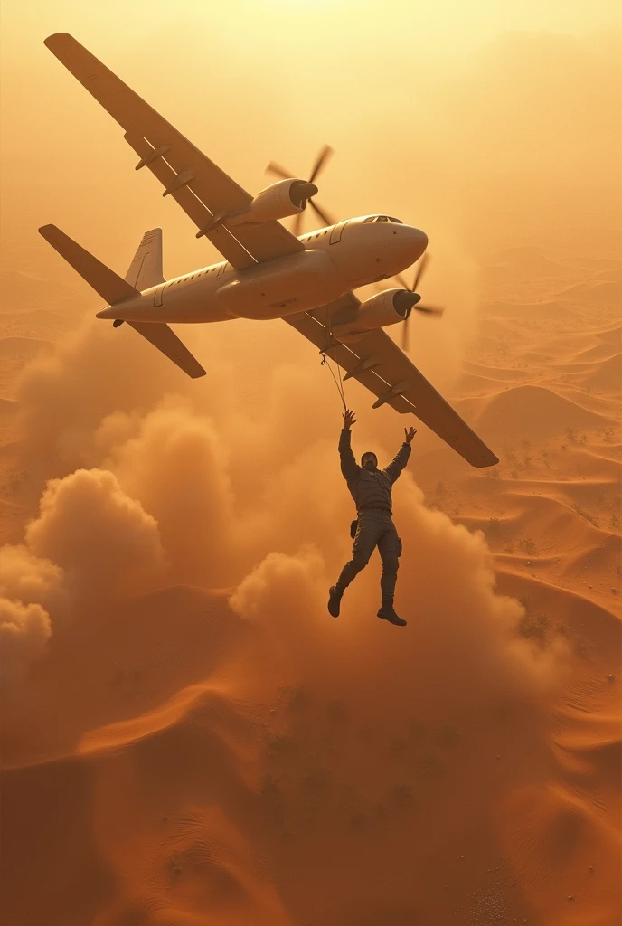 A plane crashes in the desert, a man is flying from it and falling down
