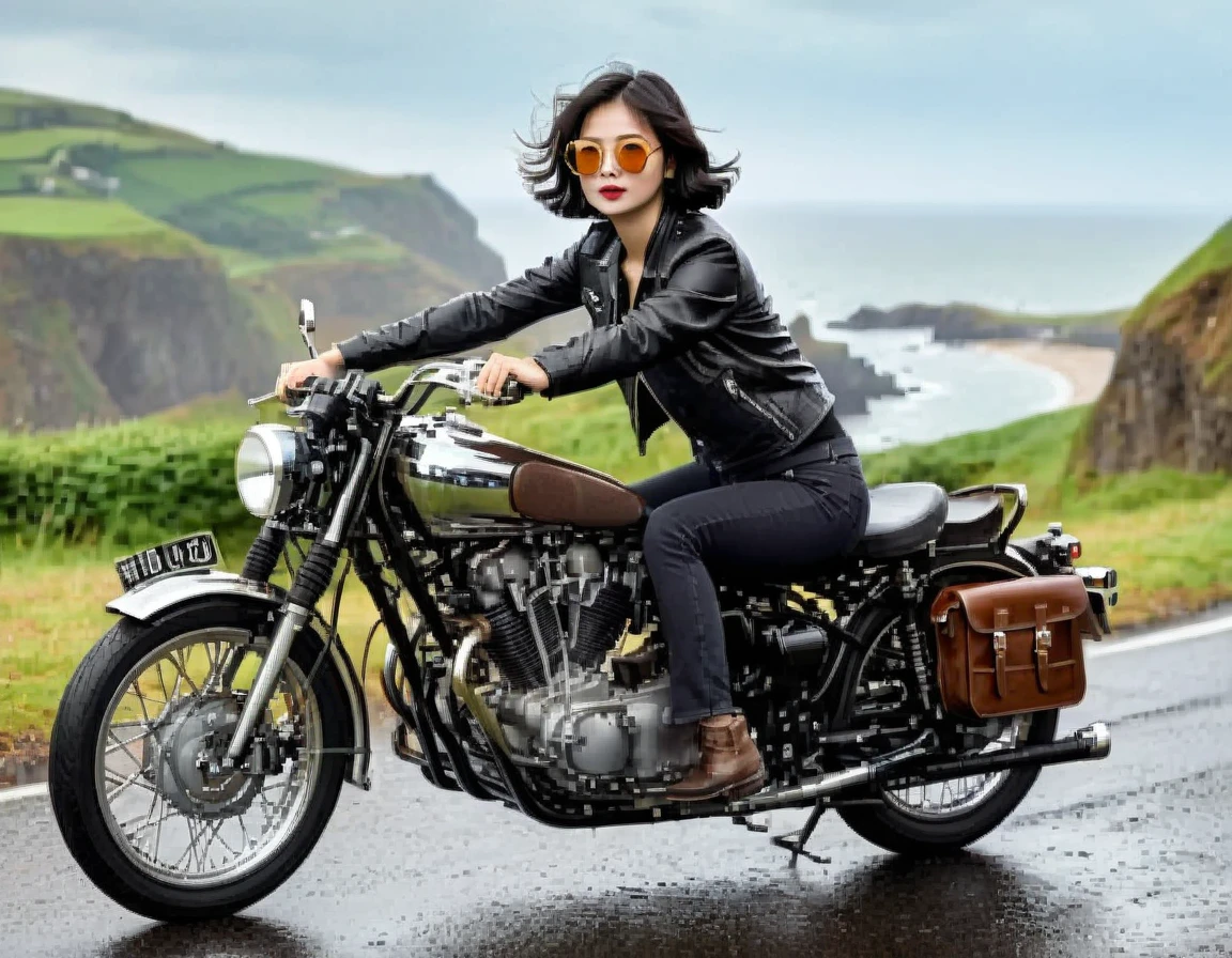 (クラシックRiding on motorcycle )、(Vintage Bikes、Bluff Superior SS100)、(Accurate bike shape)、Photograph the entire bike、(The balance between people and bike size is our number one priority:1.2)、 (Riding on motorcycle:1.2), Beautiful young woman、1、Beautiful Face, Beautiful and delicate eyes, Black Hair, Short Bob Hair, Classic Leather Jacket、With goggles、After the Rain、English countryside、 Coastal road with ocean view、Detailed Description、(Highest quality, masterpiece, High resolution)、8k、wallpaper