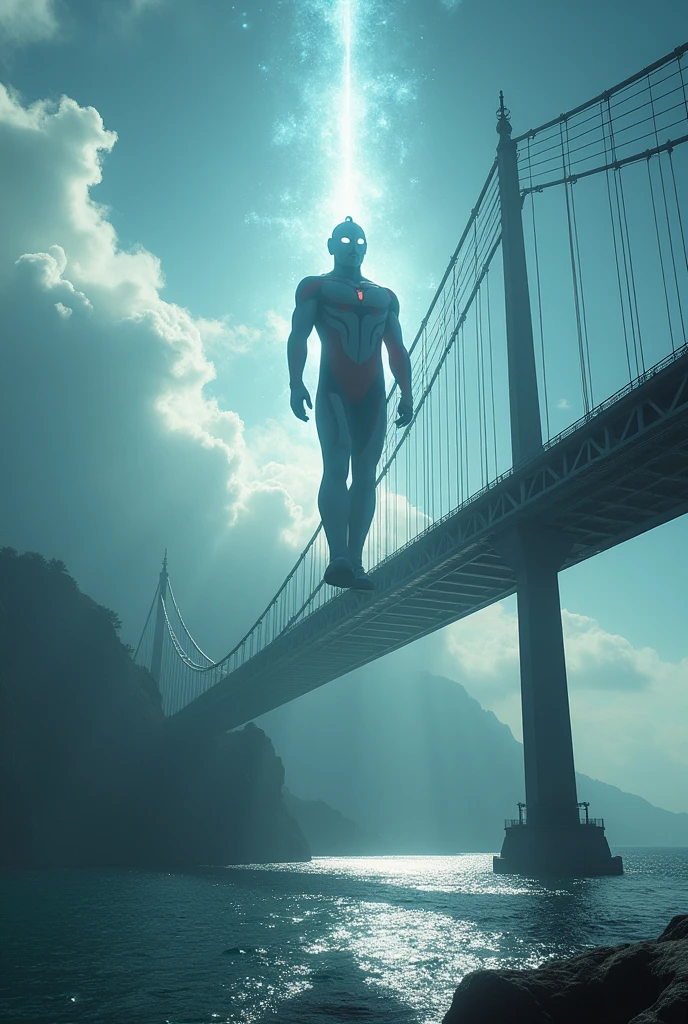 a dramatic scene of the iconic oresund bridge, viewed from the road, with ultraman hovering over the structure, (best quality,4k,8k,highres,masterpiece:1.2),ultra-detailed,(realistic,photorealistic,photo-realistic:1.37),dramatic lighting,cinematic composition,epic scale,mist,dramatic sky,azure water,dramatic clouds,detailed architecture,metallic bridge,ultraman flying,ultraman floating,ultraman silhouette,ultraman pose,ultraman details,ultraman energy,ultraman power