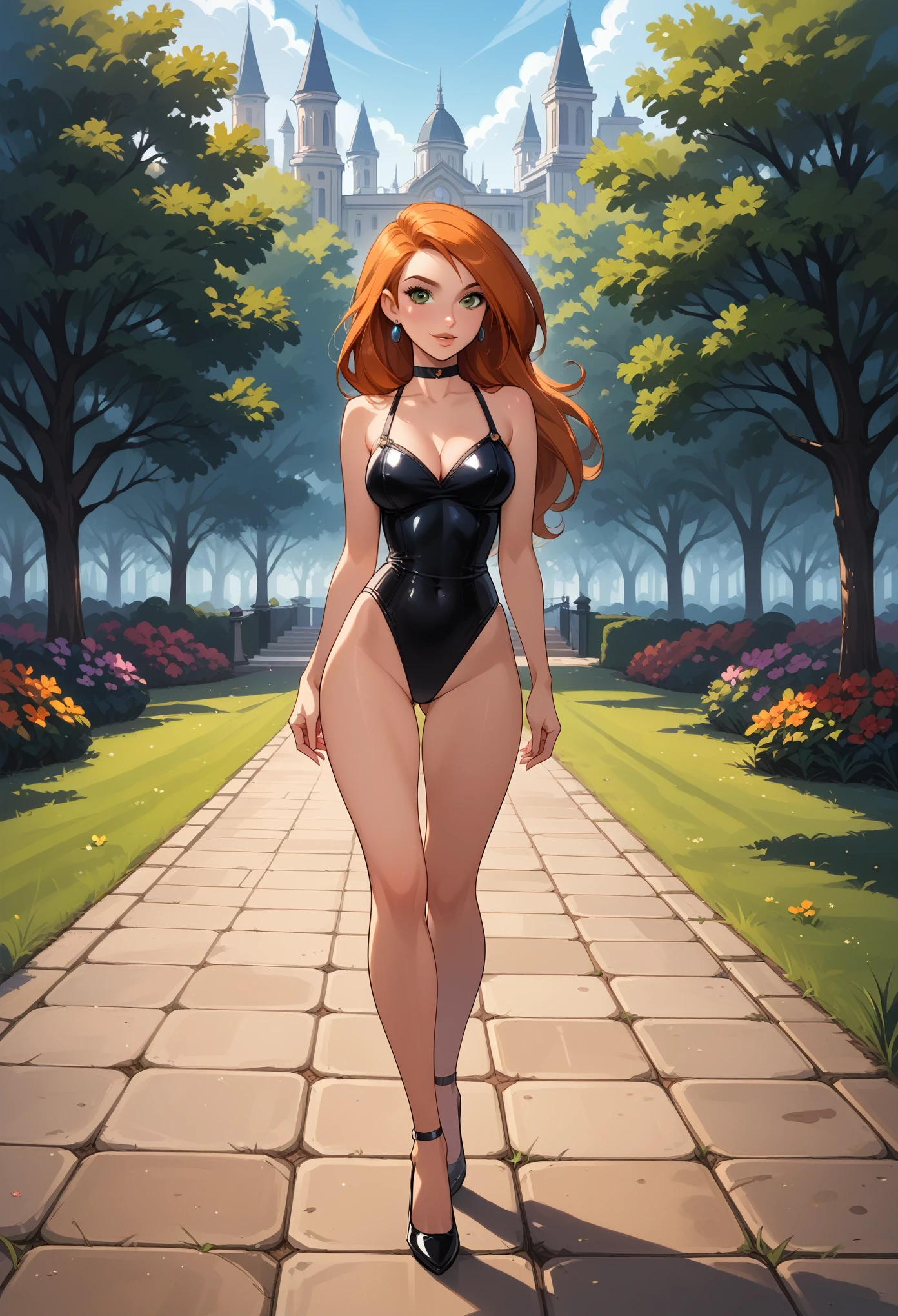 score_9, score_8_up, score_7_up, score_6_up, rating_safe, source_cartoon, BREAK beautiful Kim Possible (orange-red hair:1.1), sexy smirk, BREAK sleeveless catsuit, high heels, choker, BREAK walking in park, daytime, sunny, beautiful trees and flowers, BREAK shallow depth of field, BREAK highly detailed, bokeh, moody, epic, gorgeous, grainy, BREAK (ultra-detailed), (best illustration), (best shadow), (absurdres), (detailed background), (very aesthetic).