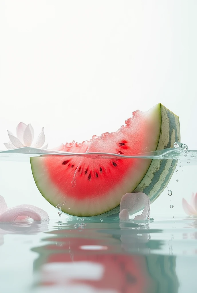 Close-up X-ray, translucence minimalist half watermelon in simple white background full of water drops, Lotus flower and lotus leaf, frosted glass blur covered, multiple exposures, macro photography, soft red, photography by william fang, shot on Hasselblad x2d