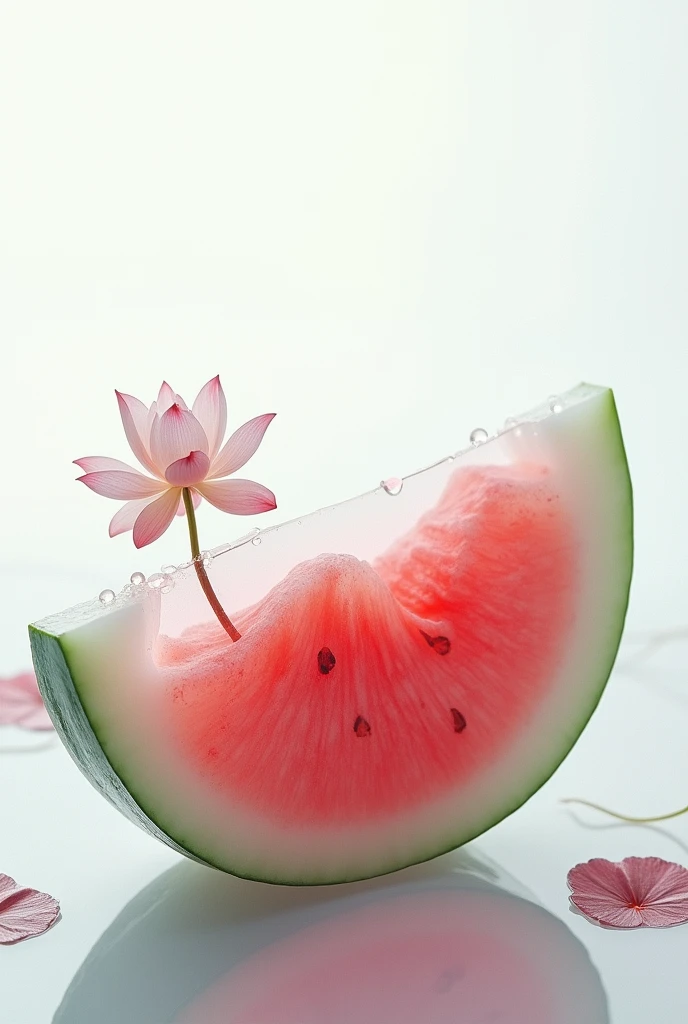 Close-up X-ray, translucence minimalist half watermelon in simple white background full of water drops, Lotus flower and lotus leaf, frosted glass blur covered, multiple exposures, macro photography, soft red, photography by william fang, shot on Hasselblad x2d