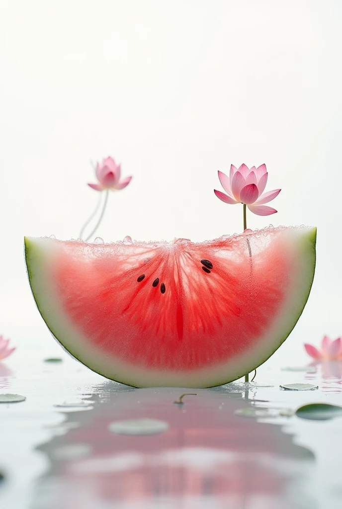 Close-up X-ray, translucence minimalist half watermelon in simple white background full of water drops, Lotus flower and lotus leaf, frosted glass blur covered, multiple exposures, macro photography, soft red, photography by william fang, shot on Hasselblad x2d

