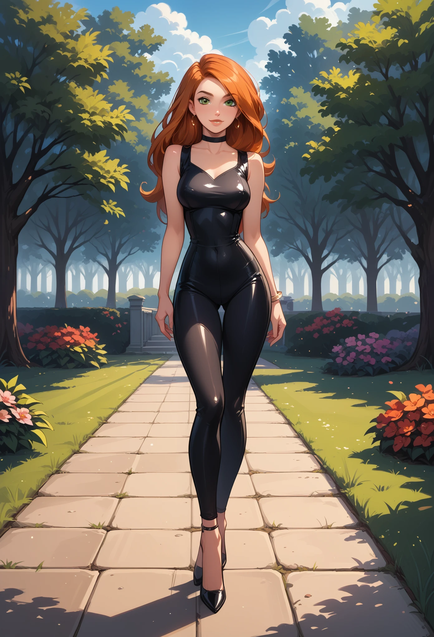 score_9, score_8_up, score_7_up, score_6_up, rating_safe, source_cartoon, BREAK beautiful Kim Possible (orange-red hair:1.1), sexy smirk, BREAK sleeveless catsuit, high heels, choker, BREAK walking in park, daytime, sunny, beautiful trees and flowers, BREAK shallow depth of field, BREAK highly detailed, bokeh, moody, epic, gorgeous, grainy, BREAK (ultra-detailed), (best illustration), (best shadow), (absurdres), (detailed background), (very aesthetic).