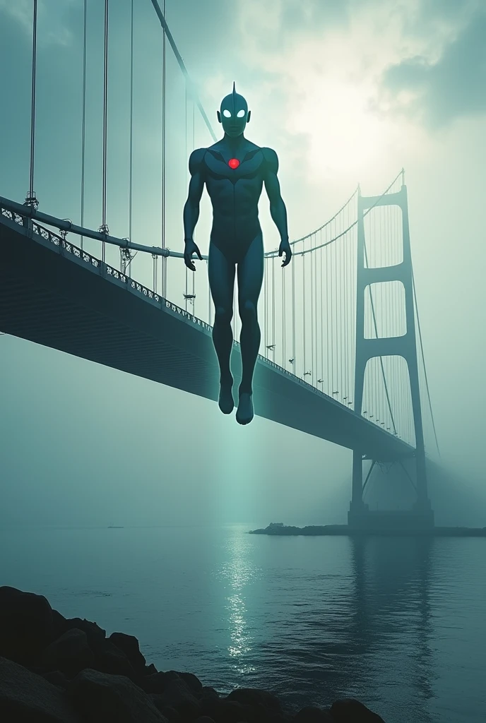 a dramatic scene of the iconic oresund bridge, viewed from the road, with ultraman hovering over the structure, (best quality,4k,8k,highres,masterpiece:1.2),ultra-detailed,(realistic,photorealistic,photo-realistic:1.37),dramatic lighting,cinematic composition,epic scale,mist,dramatic sky,azure water,dramatic clouds,detailed architecture,metallic bridge,ultraman flying,ultraman floating,ultraman silhouette,ultraman pose,ultraman details,ultraman energy,ultraman power