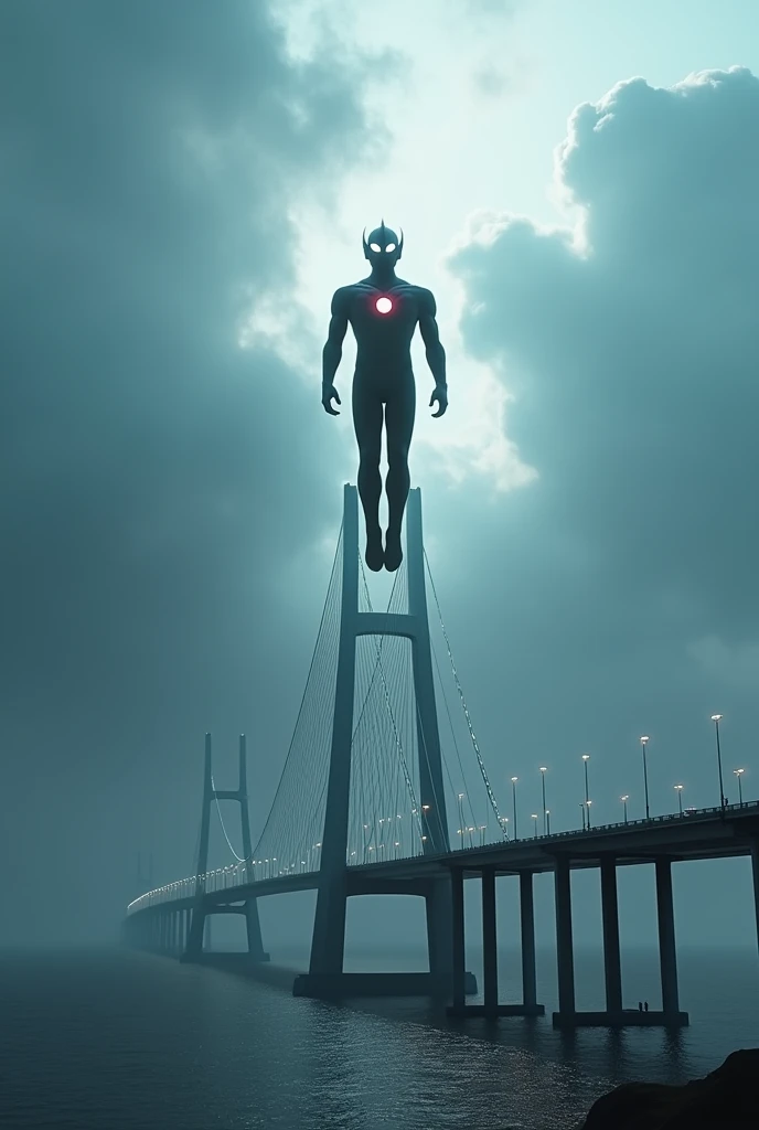 a dramatic scene of the iconic oresund bridge, viewed from the road, with ultraman hovering over the structure, (best quality,4k,8k,highres,masterpiece:1.2),ultra-detailed,(realistic,photorealistic,photo-realistic:1.37),dramatic lighting,cinematic composition,epic scale,mist,dramatic sky,azure water,dramatic clouds,detailed architecture,metallic bridge,ultraman flying,ultraman floating,ultraman silhouette,ultraman pose,ultraman details,ultraman energy,ultraman power
