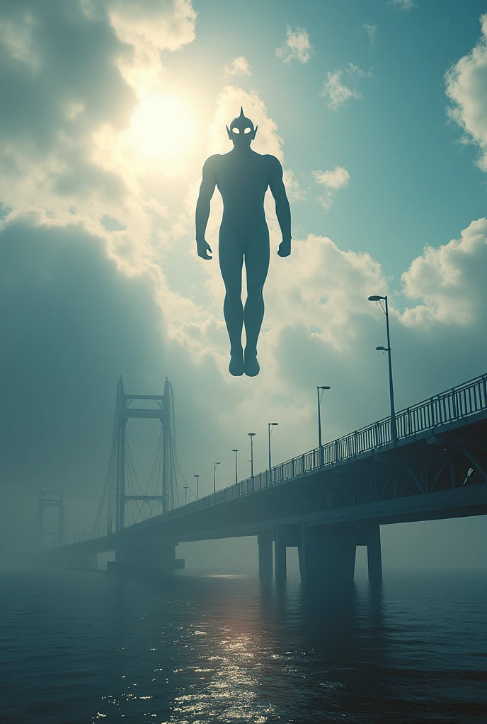 a dramatic scene of the iconic oresund bridge, viewed from the road, with ultraman hovering over the structure, (best quality,4k,8k,highres,masterpiece:1.2),ultra-detailed,(realistic,photorealistic,photo-realistic:1.37),dramatic lighting,cinematic composition,epic scale,mist,dramatic sky,azure water,dramatic clouds,detailed architecture,metallic bridge,ultraman flying,ultraman floating,ultraman silhouette,ultraman pose,ultraman details,ultraman energy,ultraman power