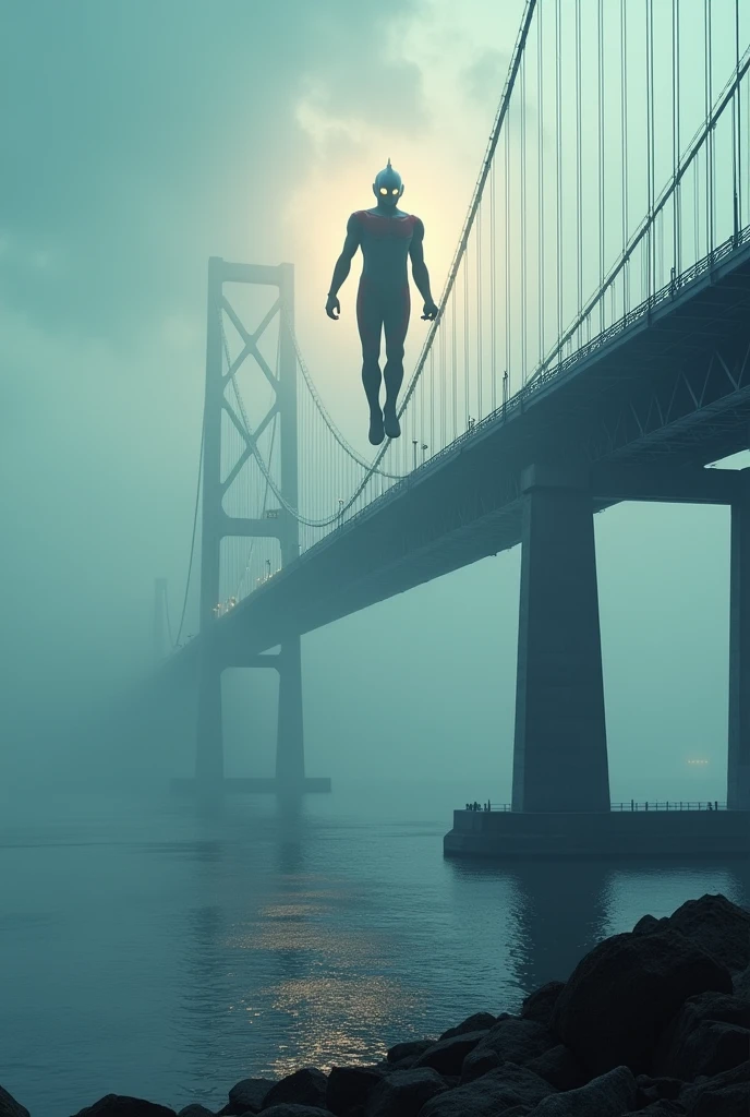 a dramatic scene of the iconic oresund bridge, viewed from the road, with ultraman hovering over the structure, (best quality,4k,8k,highres,masterpiece:1.2),ultra-detailed,(realistic,photorealistic,photo-realistic:1.37),dramatic lighting,cinematic composition,epic scale,mist,dramatic sky,azure water,dramatic clouds,detailed architecture,metallic bridge,ultraman flying,ultraman floating,ultraman silhouette,ultraman pose,ultraman details,ultraman energy,ultraman power