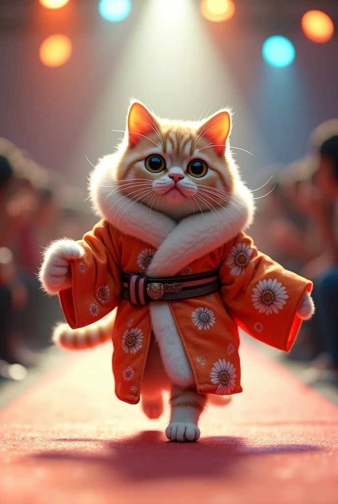 Cute cat wearing gigantic shasuka walking on the runway