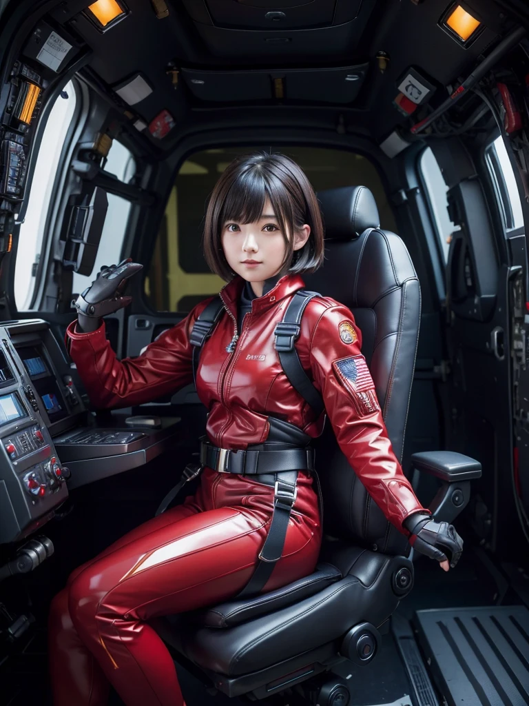 masterpiece, Highest quality, Very detailed, Japanese Android girl, Beautiful 2 Japanese woman, Plump,Control panel,Android,cyborg,Short Hair,Blunt bangs,Sitting in the cockpit,Red pilot suit,He is attached to the back of a chair by a harness,Both hands are strapped to the arms of a chair,Both feet are strapped to the legs of a chair,