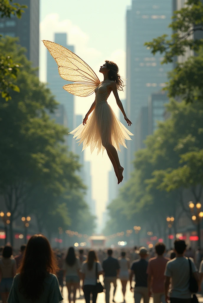 An elegant fairy in HD Quality and ultra-realistic detail, fluttering above a park in a crowded city. Her wings sparkle as modern city dwellers gaze up in awe."