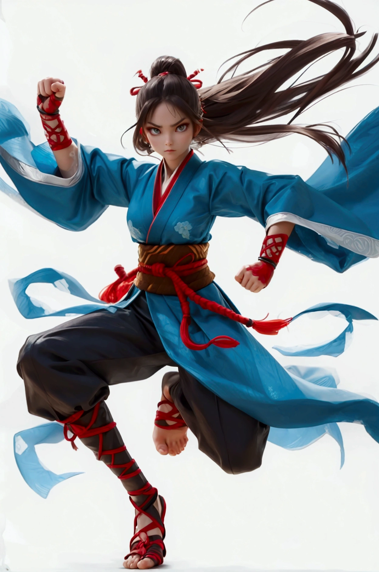 A fierce female warrior in a dynamic mid-air kick, with flowing long hair and traditional martial arts attire. Her eyes are sharp and focused, her hands clenched into fists, ready to strike. 12yo student, +3 View prompt standing, 3 View Drawings, side and Front and back, Character Sheet, Full body, Simple white background, character reference sheet, Concept art, design sheet, Character Design, full body adoptable horizontal clear charcter style sheet , front pose,