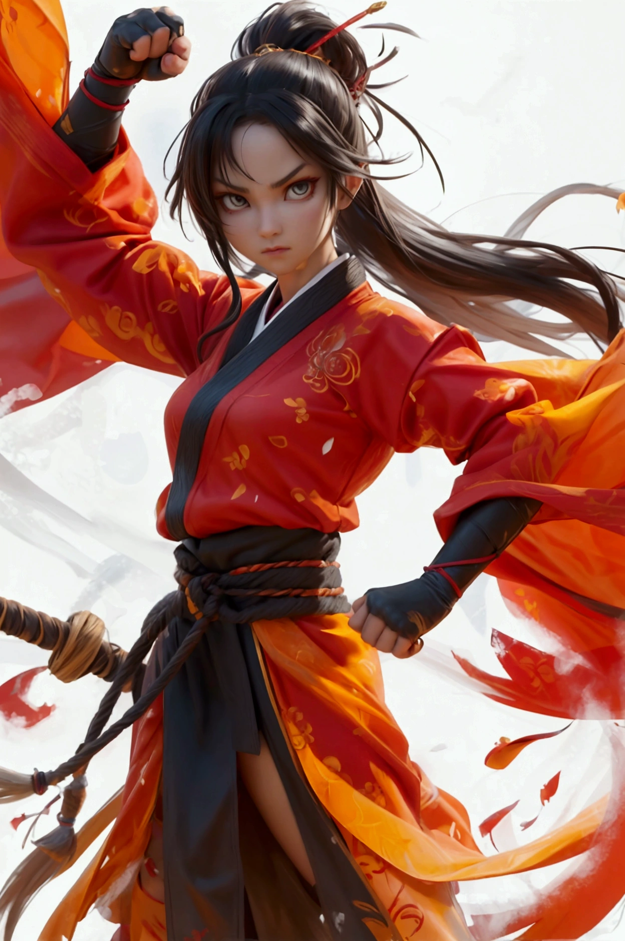 A fierce female warrior in a dynamic mid-air kick, with flowing long hair and traditional martial arts attire. Her eyes are sharp and focused, her hands clenched into fists, ready to strike. 12yo student, +3 View prompt standing, 3 View Drawings, side and Front and back, Character Sheet, Full body, Simple white background, character reference sheet, Concept art, design sheet, Character Design, full body adoptable horizontal clear charcter style sheet , front pose, 