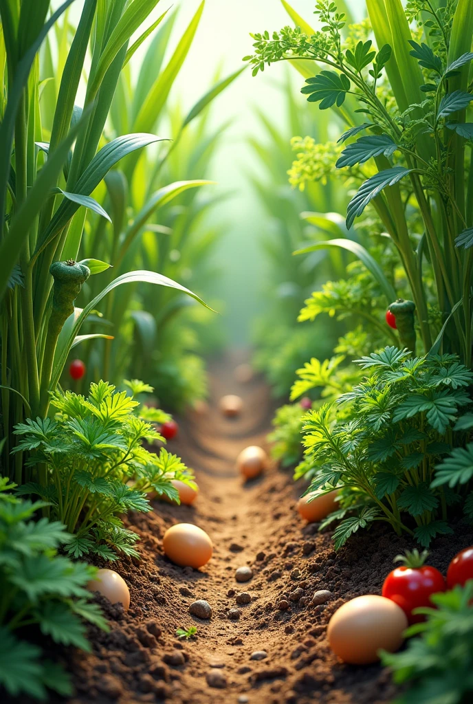 Vegetable garden: tamarind, sugarcane, shallots, coriander, chili plants, soybeans, eggs 