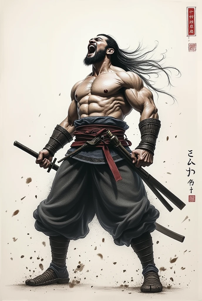 sumi ink painting, Zhang Fei, Three Kingdoms, mouth wide open, loud voice, fighting spirit, Muscle Morimori、