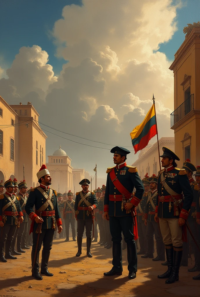 Show in Caracas, Jose Antonio Paez, jose de san martin, in the context of an infantry formation of Venezuelan troops of independence in the year 1821