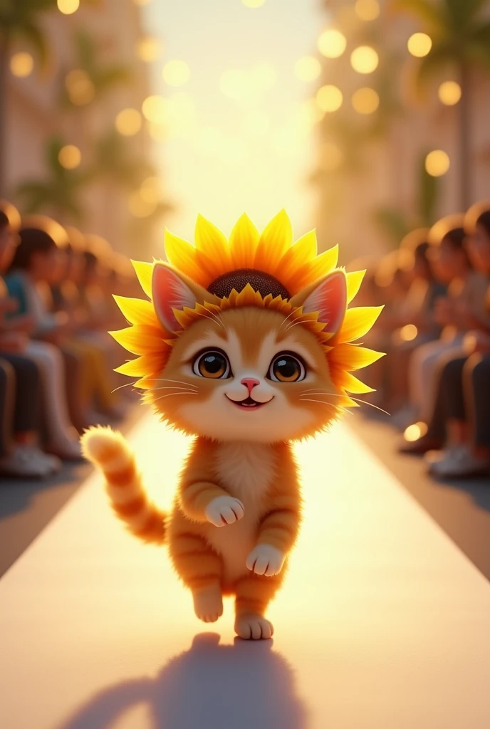 Cute cat wearing sunflower walking on the runway
