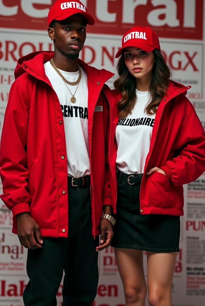 Create a striking video featuring a 20-year-old guy with a rapper style and a 20-year-old girl with a feminine touch, both with long, styled hair. The boy is wearing a red cap with the word 'CENTRAL' in large letters, bold and bright on the front, slightly tilted to one side. He pairs it with an oversized red parka, a white t-shirt with the word 'BILLIONAIRE' in bold black letters dominating the front, black baggy pants and Timberland boots. The camera must frequently zoom in on his cap and t-shirt., ensuring that the words 'CENTRAL' and 'BILLIONAIRE' are the main focus, using dynamic lighting effects that highlight these words.
The girl, with soft wavy hair, He wears a matching red cap with 'CENTRAL' prominently displayed in large, bright letters, along with a fitted red parka that accentuates her figure, a white t-shirt with the word 'BILLIONAIRE' in bold black letters, a black miniskirt and Timberland boots with a slight heel. The video should repeatedly focus on the 'CENTRAL' branding on his cap and the 'BILLIONAIRE' text on his t-shirt, ensuring that these elements are highlighted. The background should resemble a magazine cover., with the couple posing confidently as the main models. The scene should include elements such as headlines or graphic design that reinforce the magazine cover look.. The video should make sure that the words 'CENTRAL' and 'BILLIONAIRE' are the main focus, using strategic camera angles, Close-ups and lighting that make these words stand out in the elegant editorial setting."