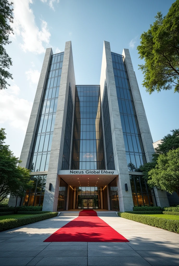 A wonderful and luxurious building, it's on it's own with large compound with trees and Grass with corporate Singaporean architecture and the words Nexus Global Embassy fully exposed on the building separate concrete with red carpet on the entrance with a good full view and angle .Expose the words Nexus Global Embassy on the concrete fully I can't see the words and the driveway the spelling is wrong work on spelling and clarity of words embassy I can't see the words 