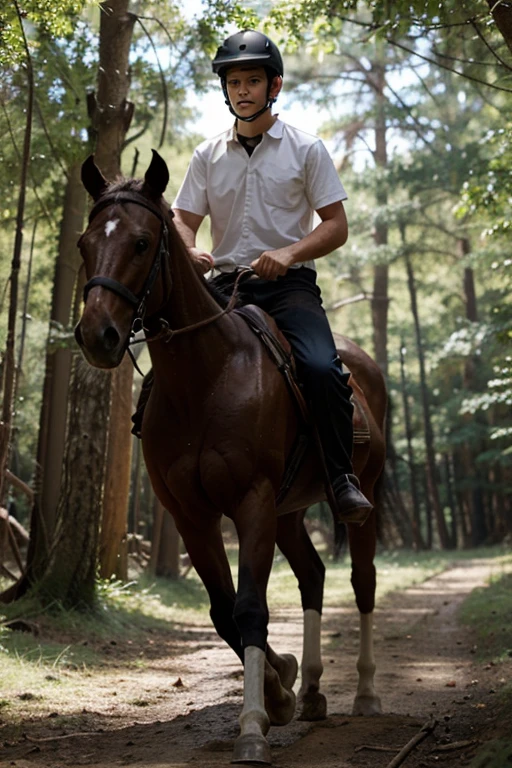 a boy rides a horse in the forest