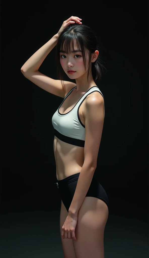 Realistic glowing skin, (発Sweat:1.8),Stand backwards,Look back at your face,Always look at the camera,(発Sweat:1.8),(Beautiful nipples in real life:1.6),,(whole body:1.9),(発Sweatしたリアルな白い肌:1.9),White socks, (black running shoes:1.8),
,Cold look,Cold Stare,Black Hair,short hair,Tie your hair short,Silky translucent white skin,,(Very detailed美しい顔), Great face and eyes, (Highest quality:1.4), (Very detailedな), (Very detailed CG 統合 8k 壁紙), Very detailed, High resolution raw color photos, Professional photography, Realistic portrait,Sweat,,(A Cup:1.9),(Flat Chest:1.9),(Very small breasts:1.9),(Breast augmentation:0.1),(Small breasts beginning to swell:1.9),(Breasts during puberty:1.9),
, (少女のwhole bodyの詳細なRAW写真), Canon EOS R5 250mm, Sharp focus, Cinema Lighting,  (No makeup:1.2), Fine skin, Delicate collarbone,,(Ultra-high resolution:1.6), (Realistic:1.6),,(Japanese  high school:1.9),(whole body:1.8),(Sweatが滴る肌:1.9),(The lower half of the body is black athletic wear:1.9),(Sweatで滲んだ肌:1.9),(Age is :1.9),(Raise one hand above your head:2),(The upper body is white athletics wear:1.9),Height is 155cm,Non-erect, thin nipples,very small nipples,Natural nipples,Real girl nipples,Not disgusting nipples、 