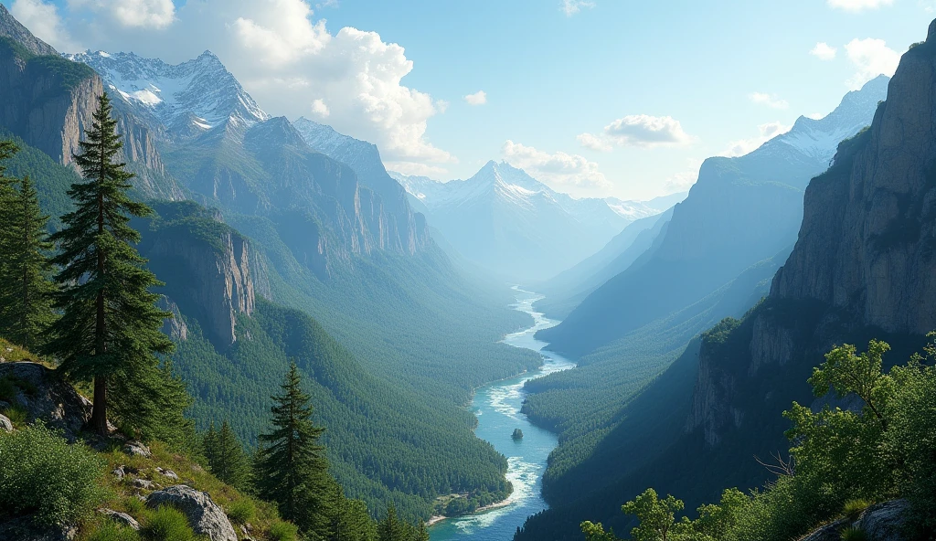 Panorama,On the high mountains covered with laurel trees, water flows toward the West Sea(best quality,4K,8k,High level,masterpiece:1.2),Ultra Detailed,(lifelike,Photo real,Photo real:1.37)