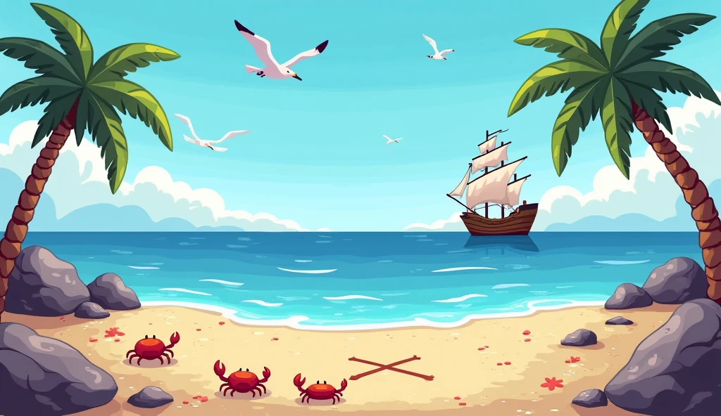 (Pixel art) a beach front view with palm trees in the corner, the sea in the middle, a pirate ship boarding near the beach. The sand have an x mark for treasure and a path, there's also crabs and shells and seagulls