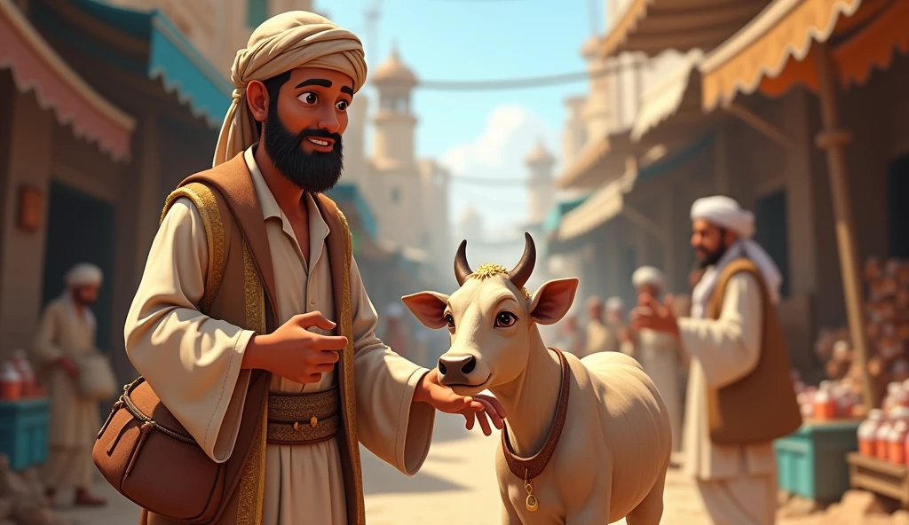 Animated image of a young poor Muslim man buying a small cow