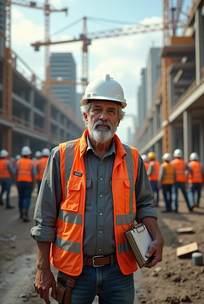a 60-year-old looking construction engineer with white helmet and shoulders looking at a construction site