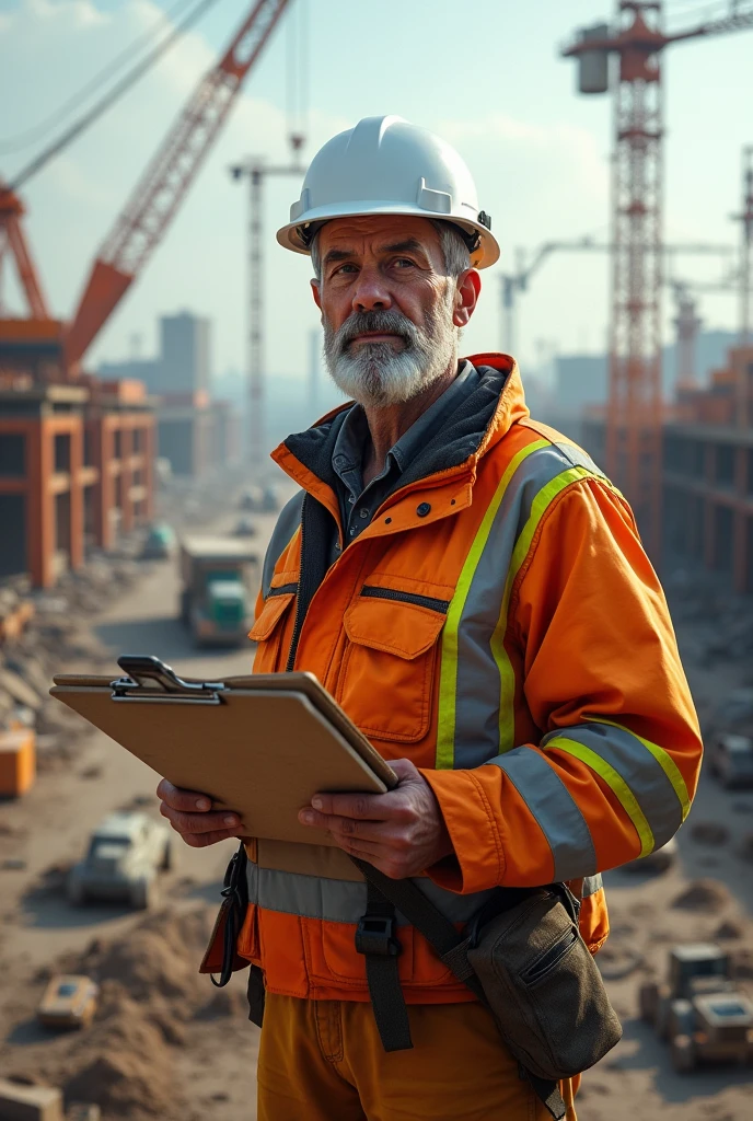 a 60-year-old looking construction engineer with white helmet and shoulders looking at a construction site