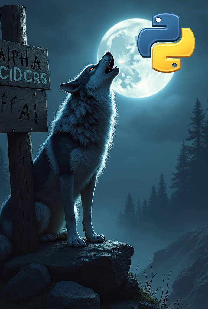 a large alpha wolf howling at the moon, next to a wooden sign with "Alpha C0ders" text and wolf claw marks, detailed fur texture, glowing eyes, dark, moody night sky, full moon, dramatic lighting, photorealistic, Highly detailed cinematic composition, epic fantasy landscape. Over the full moon the logo of the Python programming language in watermark on illuminated edges