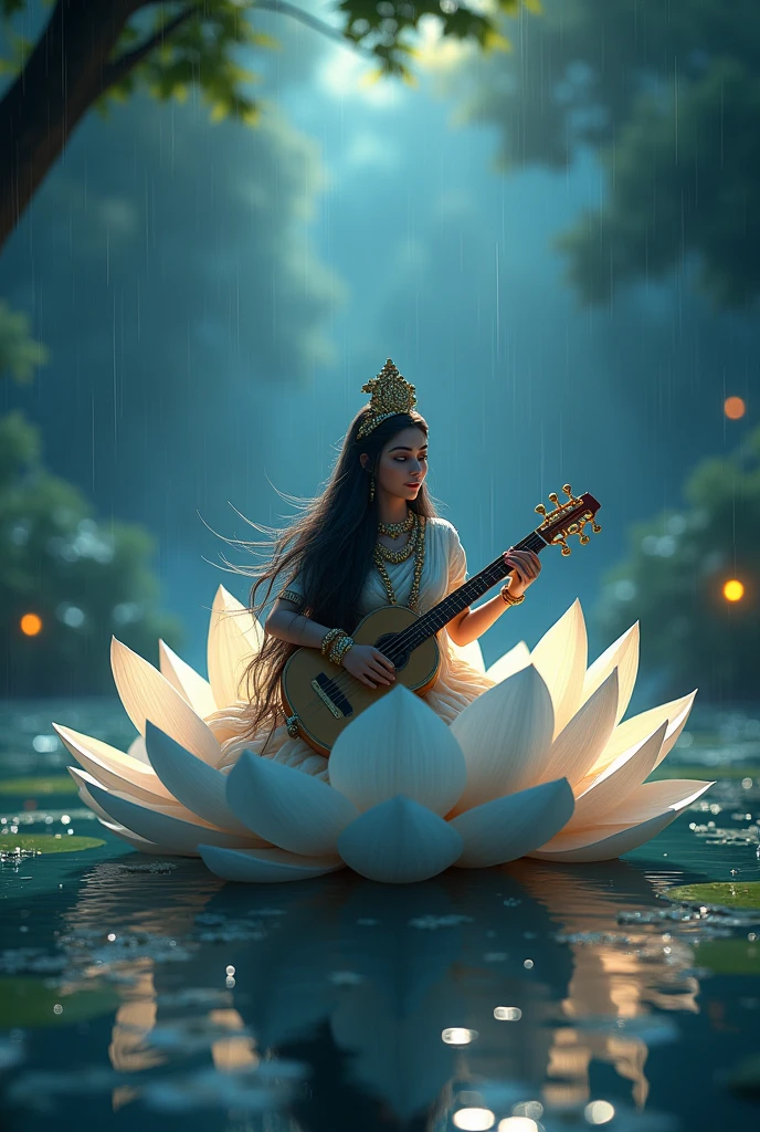 Cool cinematic animated character art, Silhouette of indian godess Saraswati sitting on a giant white lotus in a pond, holding musical instrument-'veena' , wearing indian golden crown, saree, white flower garlands, luscious hair flowing in air, calm expression, glowing fireflies, rain, cinematic lighting, darkness in atmosphere, storm, tree leaves floating, colour graded, vibrant, 4khd