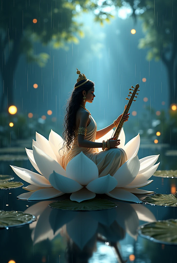 Cool cinematic animated character art, Silhouette of indian godess Saraswati sitting on a giant white lotus in a pond, holding musical instrument-'veena' , wearing indian golden crown, saree, white flower garlands, luscious hair flowing in air, calm expression, glowing fireflies, rain, cinematic lighting, darkness in atmosphere, storm, tree leaves floating, colour graded, vibrant, 4khd