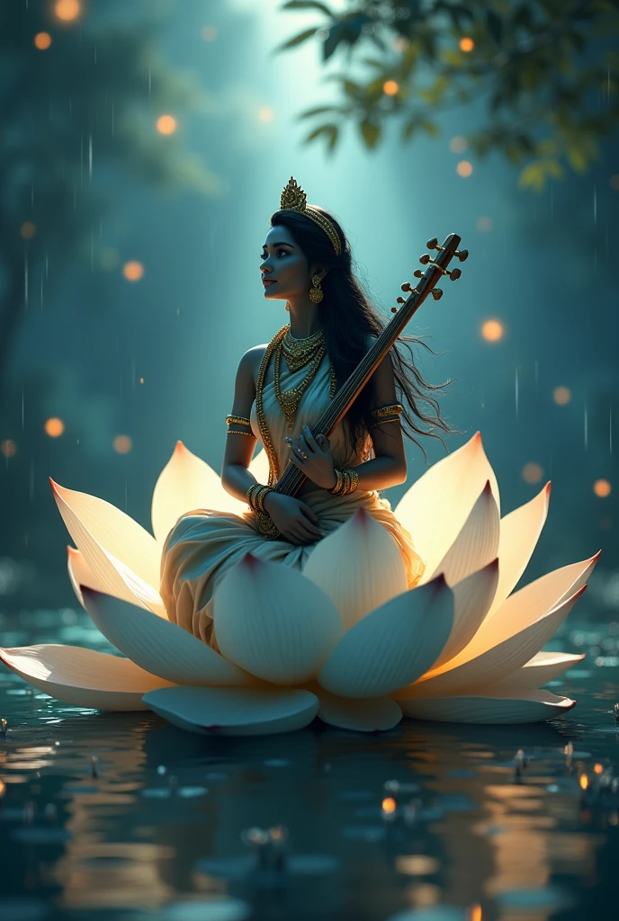 Cool cinematic animated character art, Silhouette of indian godess Saraswati sitting on a giant white lotus in a pond, holding musical instrument-'veena' , wearing indian golden crown, saree, white flower garlands, luscious hair flowing in air, calm expression, glowing fireflies, rain, cinematic lighting, darkness in atmosphere, storm, tree leaves floating, colour graded, vibrant, 4khd