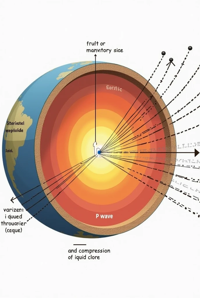 Esquema de la Then P
Corte transversal de la Tierra: Draw a circle that represents a section of the Earth, showing different layers like the bark, the mantle and the core.
Seismic wave source: Mark a point within the crust or mantle to represent the epicenter of the earthquake..
P wave trajectory: Draw several straight or slightly curved lines radiating from the epicenter through all the layers of the circle.. The lines must pass through the mantle and reach the other side of the Earth.. This shows that P waves can travel through solids and liquids., that is to say, a través dthe mantle and the core externo.
P Waves in a Solid Medium Draw a series of straight lines: It represents a section of the earth's crust..
Particles of the medium: Draw small spheres aligned in the direction of wave propagation.
Compresión y Expansion: To show the longitudinal nature of P waves, draw segments where the spheres are closer together (Compression) and segments where they are more separated (Expansion). Esto visualiza cómo las partículas se mueven en the direction of the wave.
Wave propagation: Draw an arrow to show the direction the wave is moving..
Differentiation between P waves and S waves Comparative diagram: Draw two graphs side by side.
Then P: In the first graph, shows a longitudinal wave (as described before).
Then S (Secondary schools): In the second graph, shows a transverse wave (where the particles move perpendicular to the direction of propagation).
Direction of movement: Use arrows to indicate the direction of the particles and the propagation of the waves in both cases., highlighting the difference between P and S waves.
Additional Details Tags: Make sure to label each part of the drawing, as the epicenter, the layers of the Earth, the direction of the wave, Compression, Expansion, etc.
colors: Use different colors for the different layers of the Earth and pair