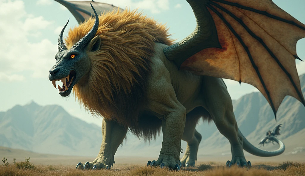 A dragon with a skin pattern of a tiger and has a wings of an eagle and the body of a human walking among dead bodies
