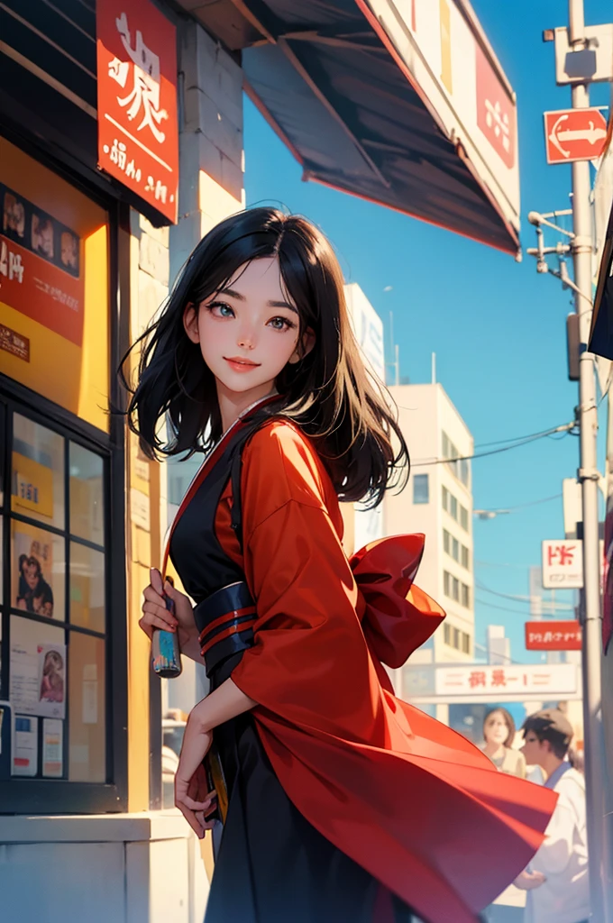 anime style, super fine illustration, highly detailed, dynamic angle, beautiful detailed, 8k, On a summer afternoon under the blazing sun in a city street, BREAK a Bust-up of a beautiful black-haired woman in a kimono smiling is enjoying a cold gelato. BREAK Her skin shimmers in the sunlight, making her stand out in the vibrant and joyful scene.