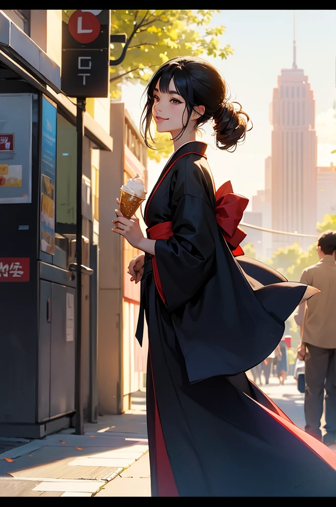 anime style, super fine illustration, highly detailed, dynamic angle, beautiful detailed, 8k, On a summer afternoon under the blazing sun in a city street, BREAK a Bust-up of a beautiful black-haired woman in a kimono smiling is enjoying a cold gelato. BREAK Her skin shimmers in the sunlight, making her stand out in the vibrant and joyful scene.