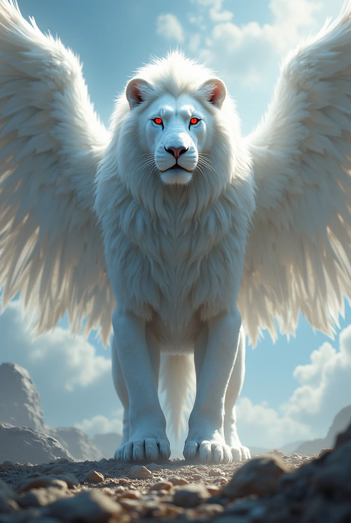 White lion with red eyes and wings name Ravi