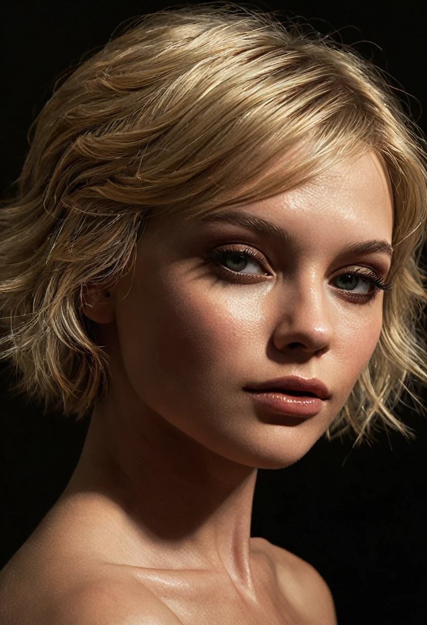 a beautiful 1 blonde woman with perfect face, detailed makeup, intricate face details, short hair, naked, photorealistic, ultra detailed, masterpiece, cinematic lighting, dramatic lighting, volumetric lighting, chiaroscuro, warm color tones, realistic skin textures, detailed facial features, highly realistic, detailed hair strands, detailed body anatomy