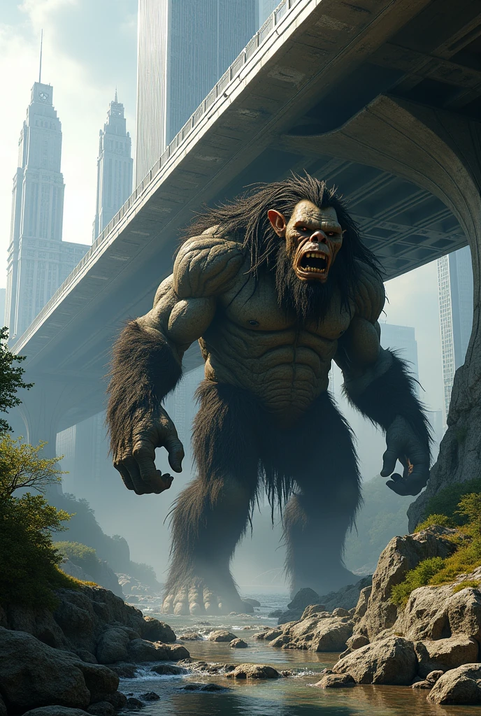 A giant troll in HD Quality and ultra-realistic detail, making a home under a modern bridge. Its rugged ancient appearance blends with the sleek architecture of the city above.