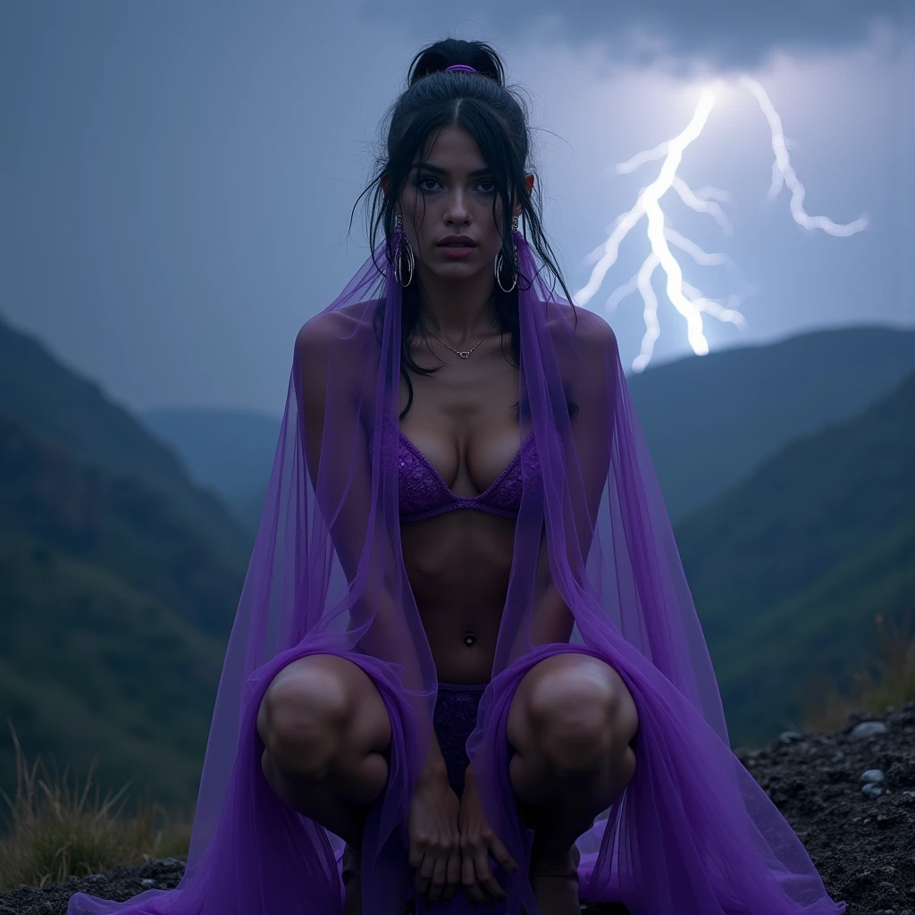 1 gorgeous nubile Colombian witch is summoning demons, and she's covered from the shoulder down by a purple gossamer body veil while wearing a Jezebel in the bible harem bikini regalia, and doing extreme squatting, 3:4 full frontal body portrait, ((merge and use young faces of Alice Eve and Rila Fukushima into best 50/50 blend)), (eyes wide open, wide open eyes, blank stare, best detailed face, best lifelike face, best lifelike nose and eyes), Grecian upstyle hairstyle with high standing ponytail, pucker lips, pale snowy colored skin, huge hoop earrings, bodacious, playboy playmate archetype, perfect bikini body, (((massive breasts))), sweaty, show cameltoe, show underboobs, mindless facial expression, deeply hypnotized facial expression, deeply entranced facial expression, ((primeval backdrop with Intense lightning strikes and severe thunderstorms towering over misty mountains)), (RAW Photo, 12K, best quality, best masterpiece, hires, best realism, best photorealism, vivid colors and natural outdoor lighting)