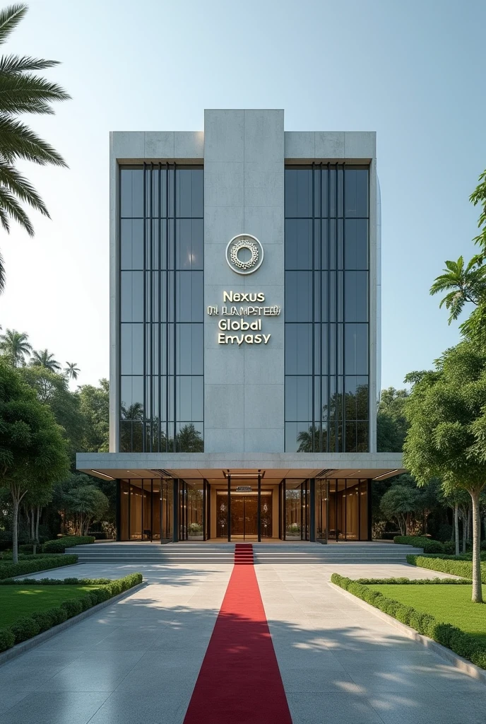 A wonderful and luxurious building, it's on it's own with large compound with trees and Grass with corporate Singaporean architecture and the words Nexus Global Embassy fully exposed on the building separate concrete with red carpet on the entrance with a good full view and angle .Expose the words Nexus Global Embassy on the concrete fully I can't see the words and the driveway the spelling is wrong work on spelling and clarity of words embassy I can't see the words 