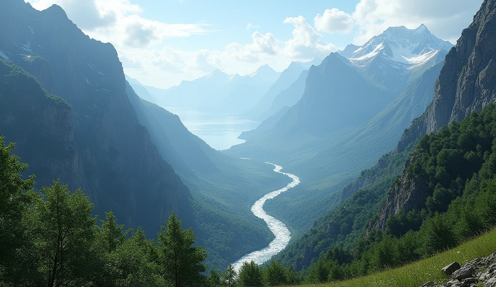 Panorama,On the high mountains covered with laurel trees, water flows toward the West Sea(best quality,4K,8k,High level,masterpiece:1.2),Ultra Detailed,(lifelike,Photo real,Photo real:1.37)